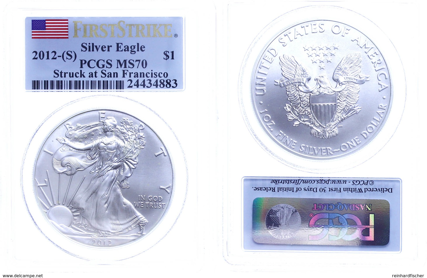 1 Dollar, 2012, Silver Eagle, In Slab Der PCGS Mit Der Bewertung MS70, Stuck At San Francisco, First Strike, Flag Label. - Other & Unclassified