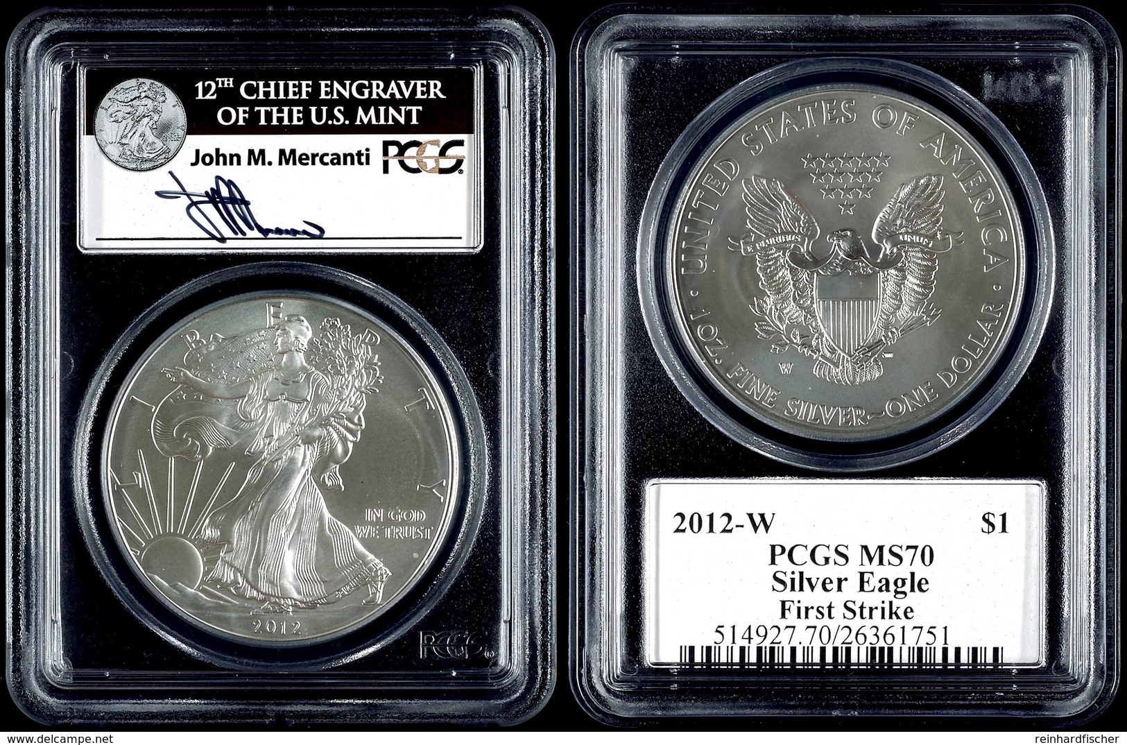 1 Dollar, 2012, W, Silver Eagle, In Slab Der PCGS Mit Der Bewertung MS70, First Strike, John M. Mercanti Label. - Andere & Zonder Classificatie
