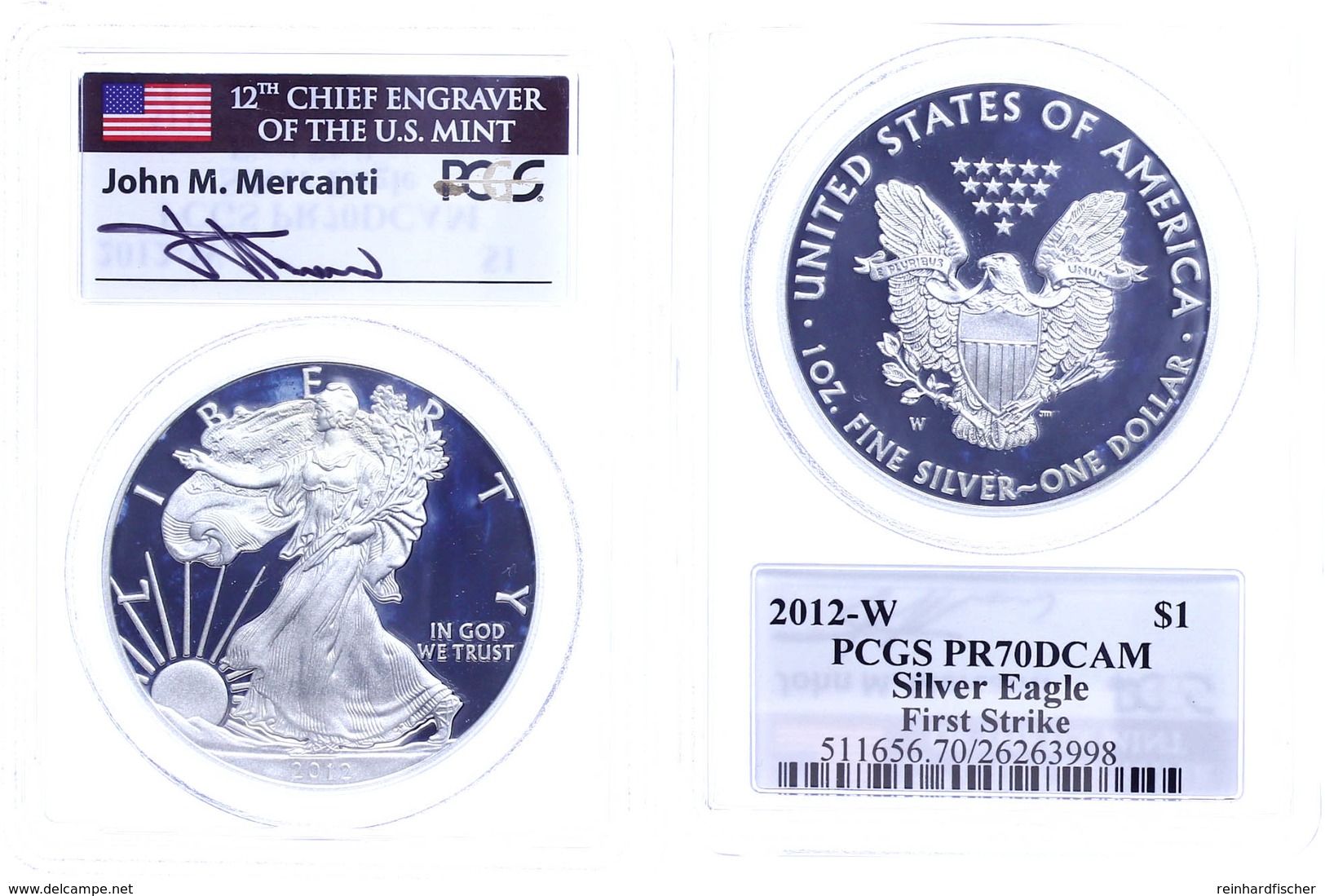 1 Dollar, 2012, W, Silver Eagle, In Slab Der PCGS Mit Der Bewertung PR70DCAM, First Strike, Mercanti- Flag Label. - Andere & Zonder Classificatie
