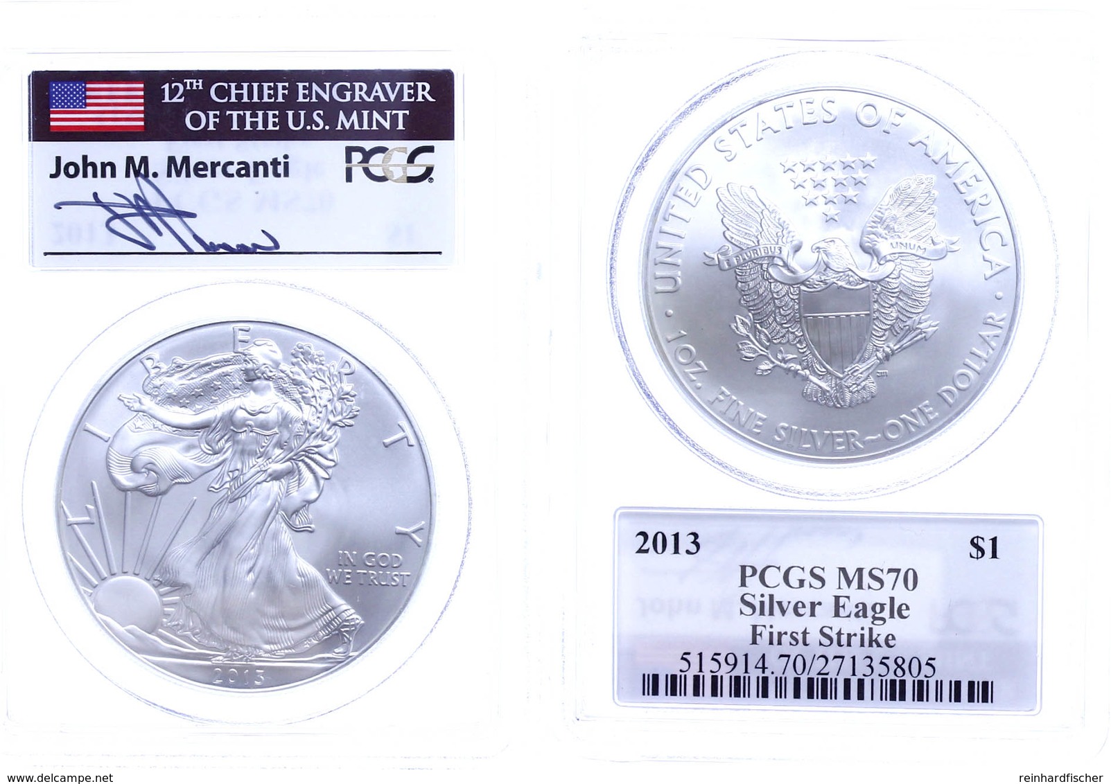 1 Dollar, 2013, Silver Eagle, In Slab Der PCGS Mit Der Bewertung MS70, First Strike, John M. Mercanti Label. - Andere & Zonder Classificatie