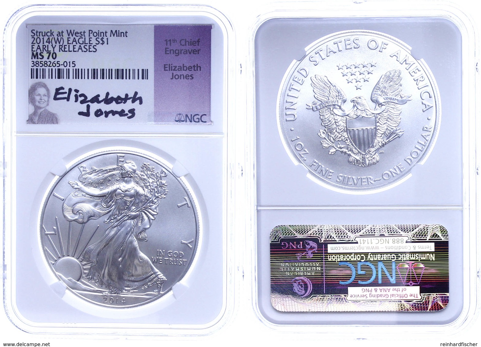 1 Dollar, 2014, Silver Eagle, In Slab Der NGC Mit Der Bewertung MS70, Early Releases, Stuck At West Point Mint, Elizabet - Andere & Zonder Classificatie