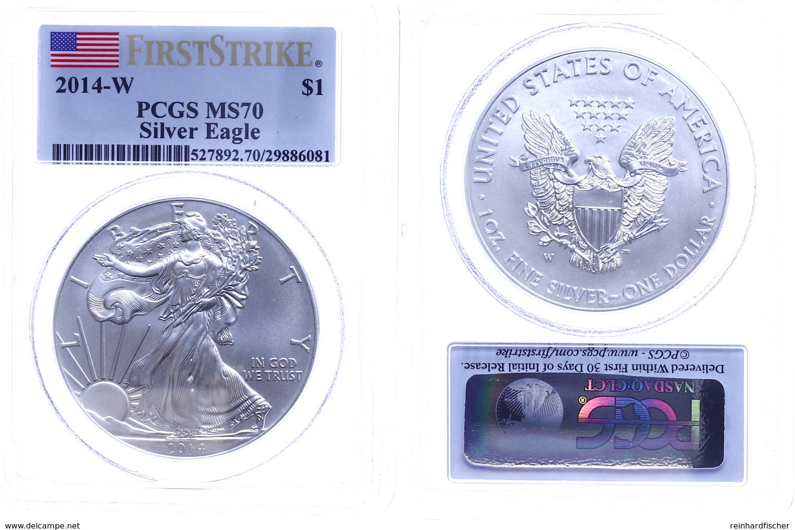 1 Dollar, 2014, Silver Eagle, In Slab Der PCGS Mit Der Bewertung MS70, First Strike, Flag Label. - Andere & Zonder Classificatie