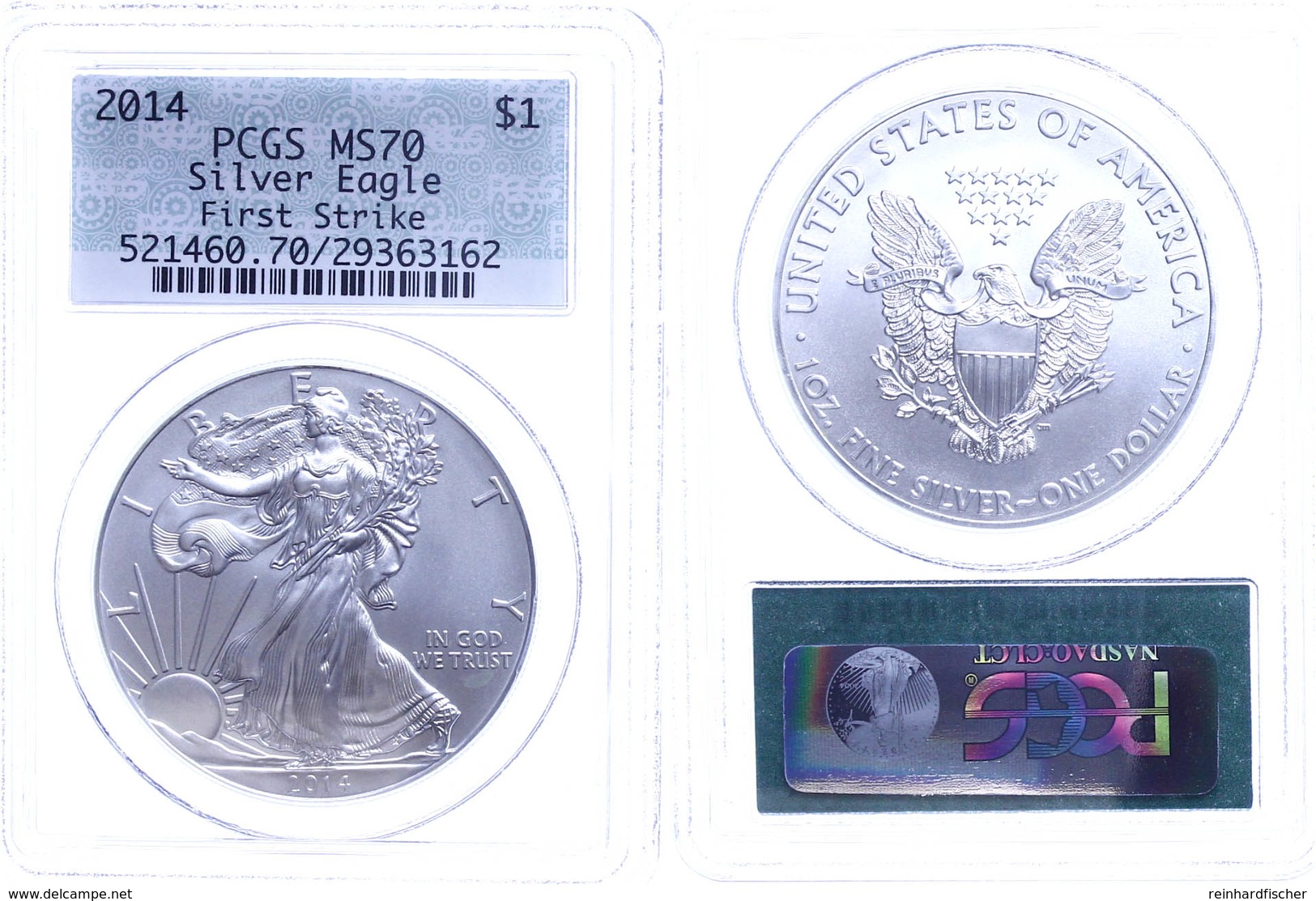 1 Dollar, 2014, W, Silver Eagle, In Slab Der PCGS Mit Der Bewertung MS70, First Strike, Grünes Retro Label. - Andere & Zonder Classificatie