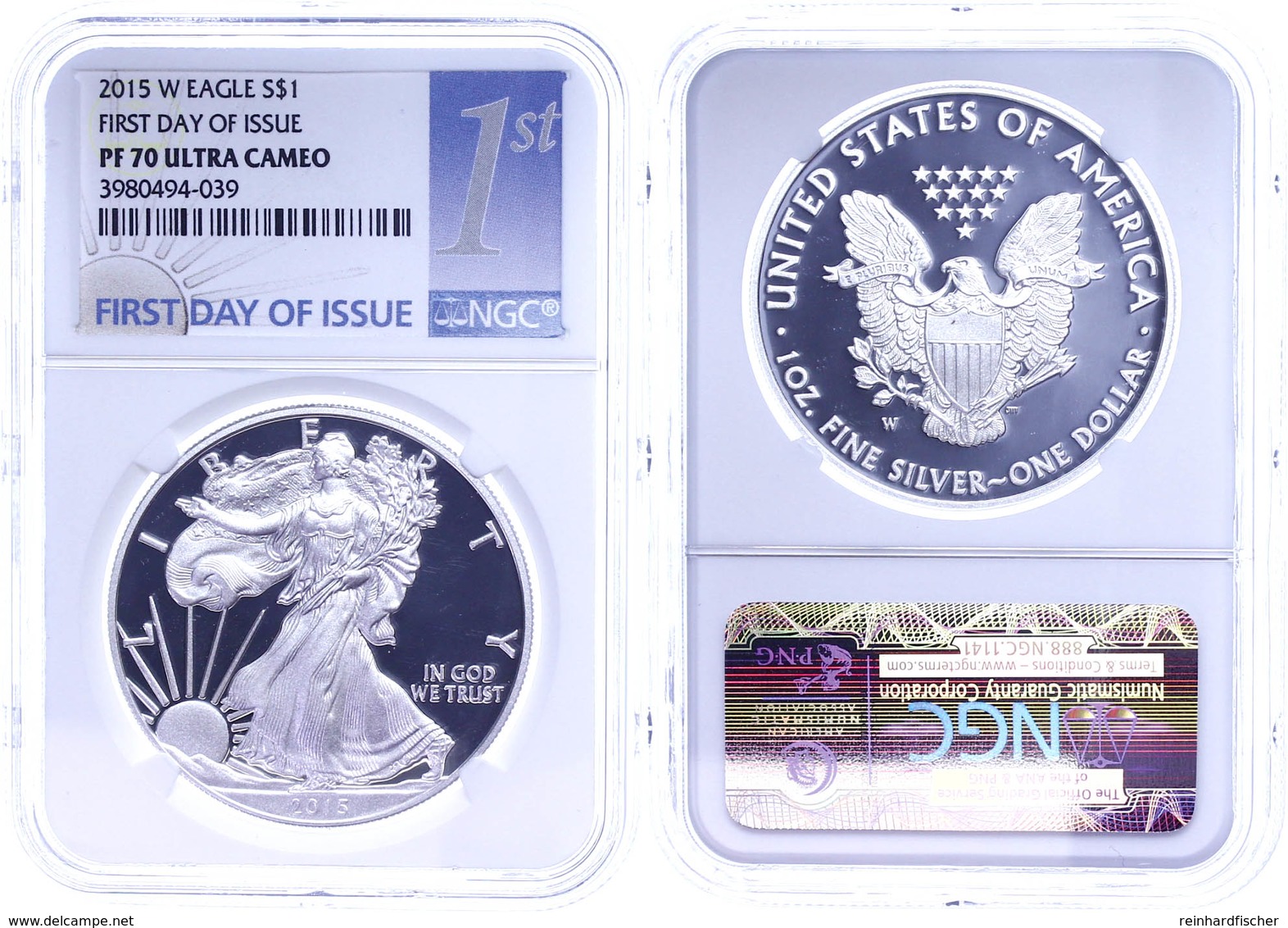 1 Dollar, 2015, W, Silver Eagle, In Slab Der NGC Mit Der Bewertung PF70 Ultra Cameo, First Day Of Issue Label. - Andere & Zonder Classificatie