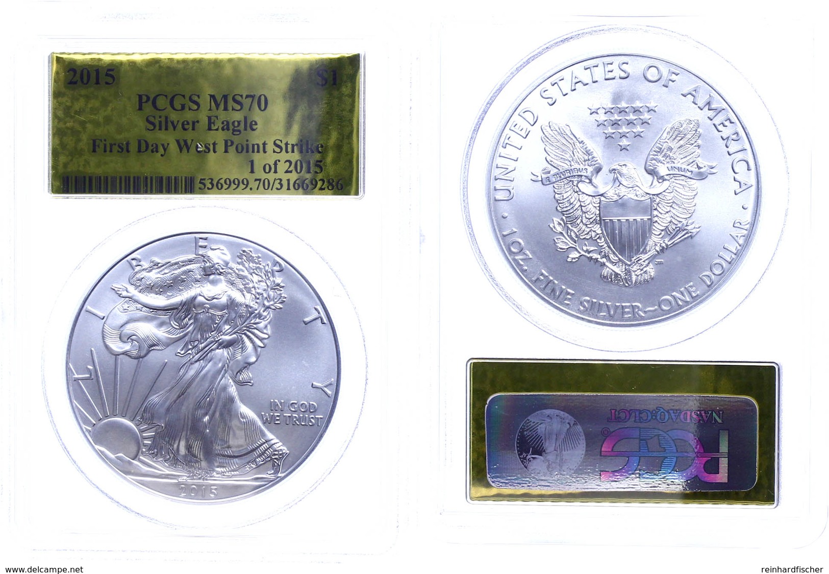 1 Dollar, 2015, W, Silver Eagle, In Slab Der PCGS Mit Der Bewertung MS70, First Day West Point Strike, Gold Foil Label. - Andere & Zonder Classificatie