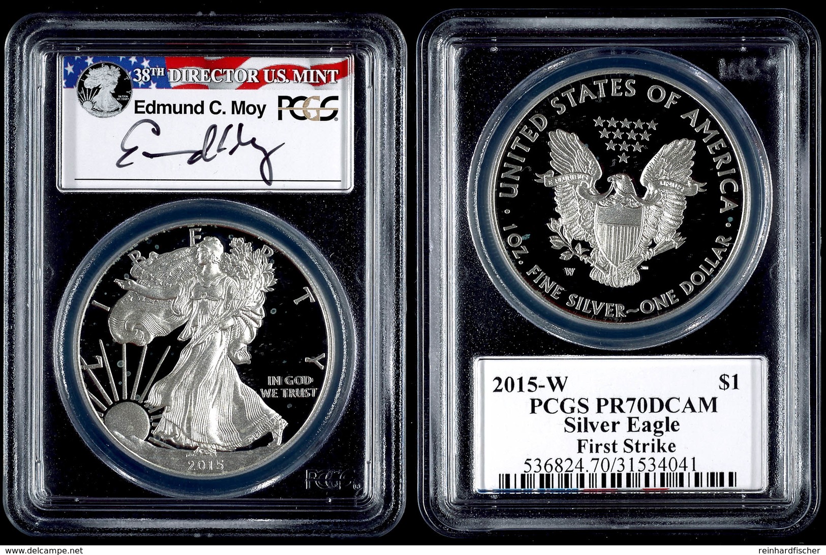 1 Dollar, 2015, W, Silver Eagle, In Slab Der PCGS Mit Der Bewertung PR70DCAM, First Strike, Edmund C. Moy Label - Andere & Zonder Classificatie