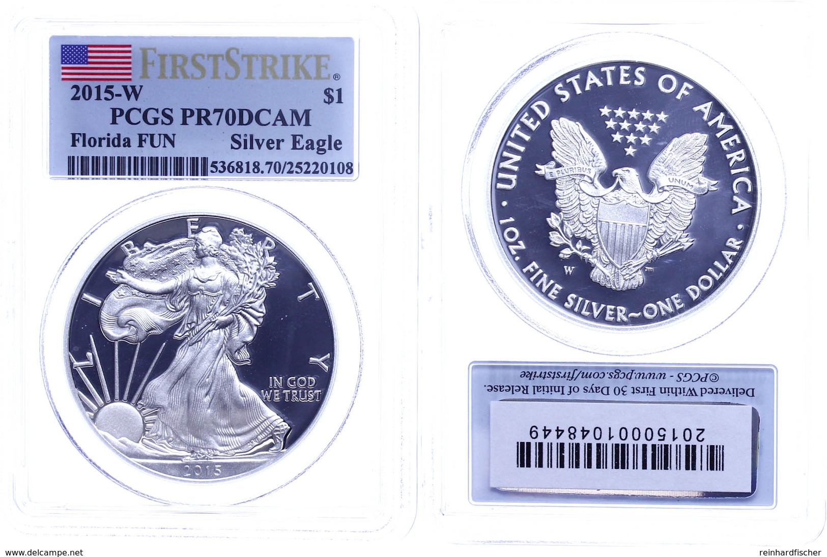 1 Dollar, 2015, W, Silver Eagle, In Slab Der PCGS Mit Der Bewertung PR70DCAM, First Strike, Florida FUN, Flag Label. - Andere & Zonder Classificatie