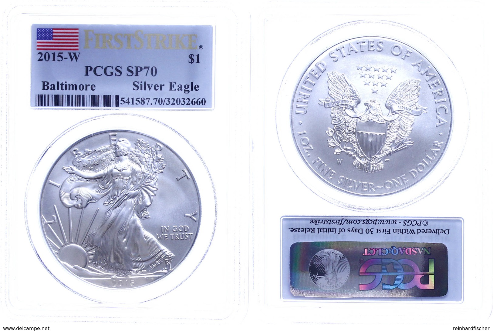 1 Dollar, 2015, W, Silver Eagle, In Slab Der PCGS Mit Der Bewertung SP70, First Strike, Baltimore, Flag Label. - Andere & Zonder Classificatie