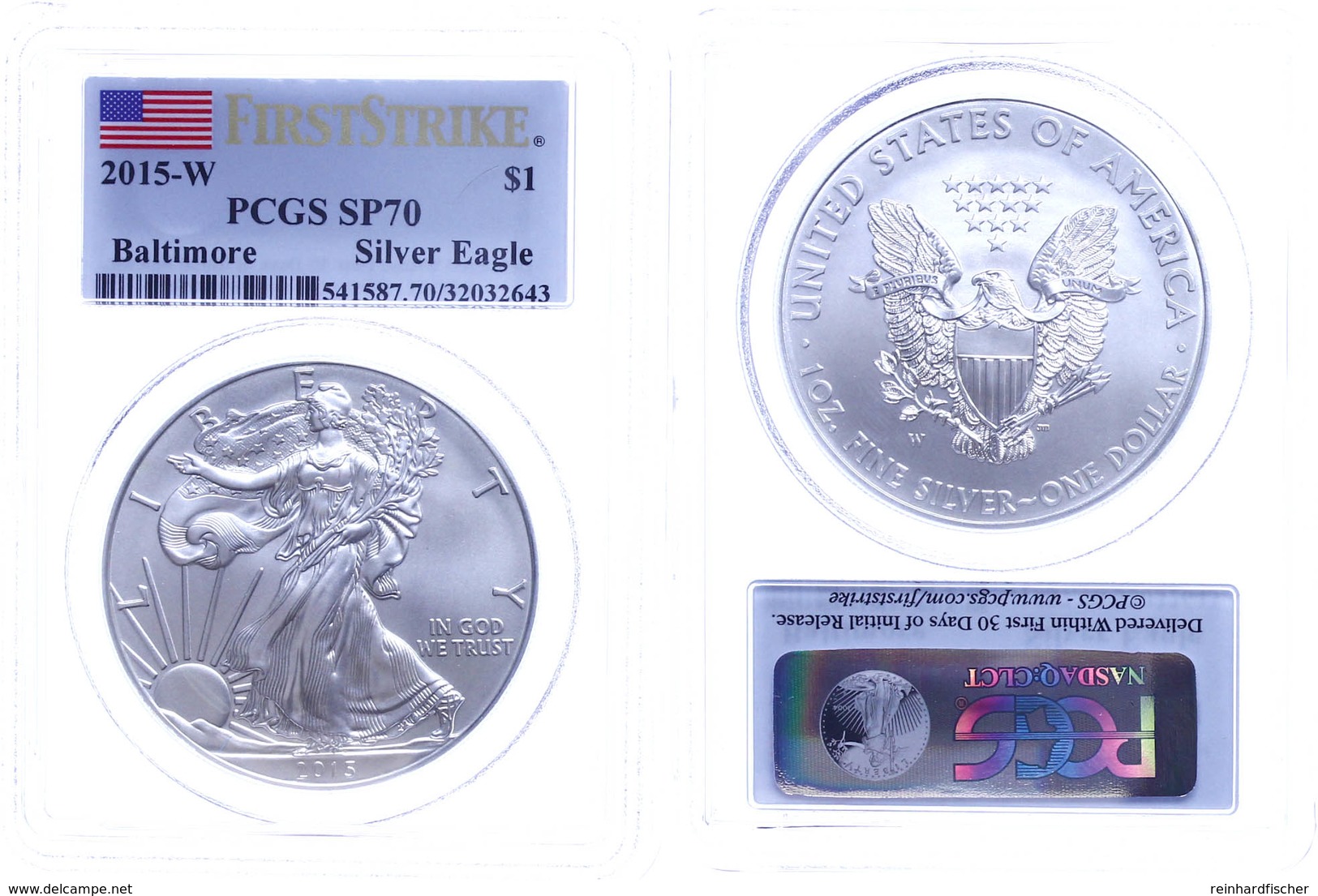 1 Dollar, 2015, W, Silver Eagle, In Slab Der PCGS Mit Der Bewertung SP70, First Strike, Baltimore, Flag Label. - Andere & Zonder Classificatie