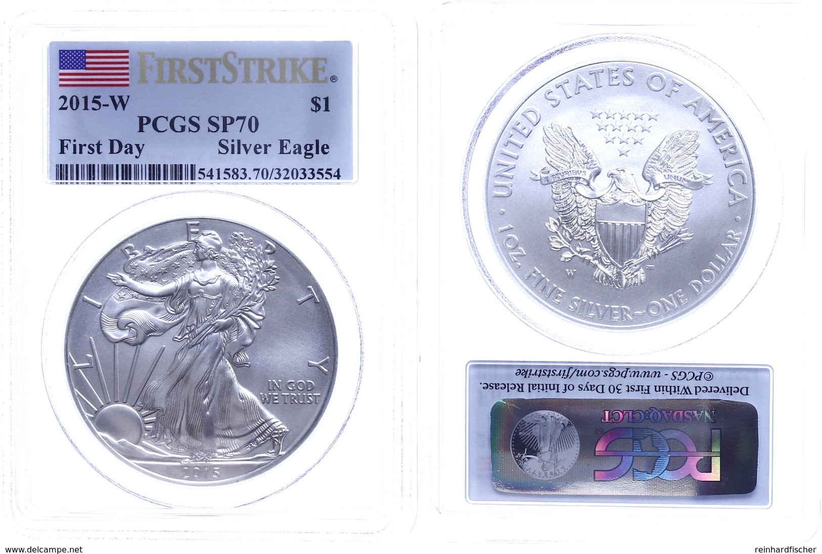 1 Dollar, 2015, W, Silver Eagle, In Slab Der PCGS Mit Der Bewertung SP70, First Strike, First Day, Flag Label. - Andere & Zonder Classificatie