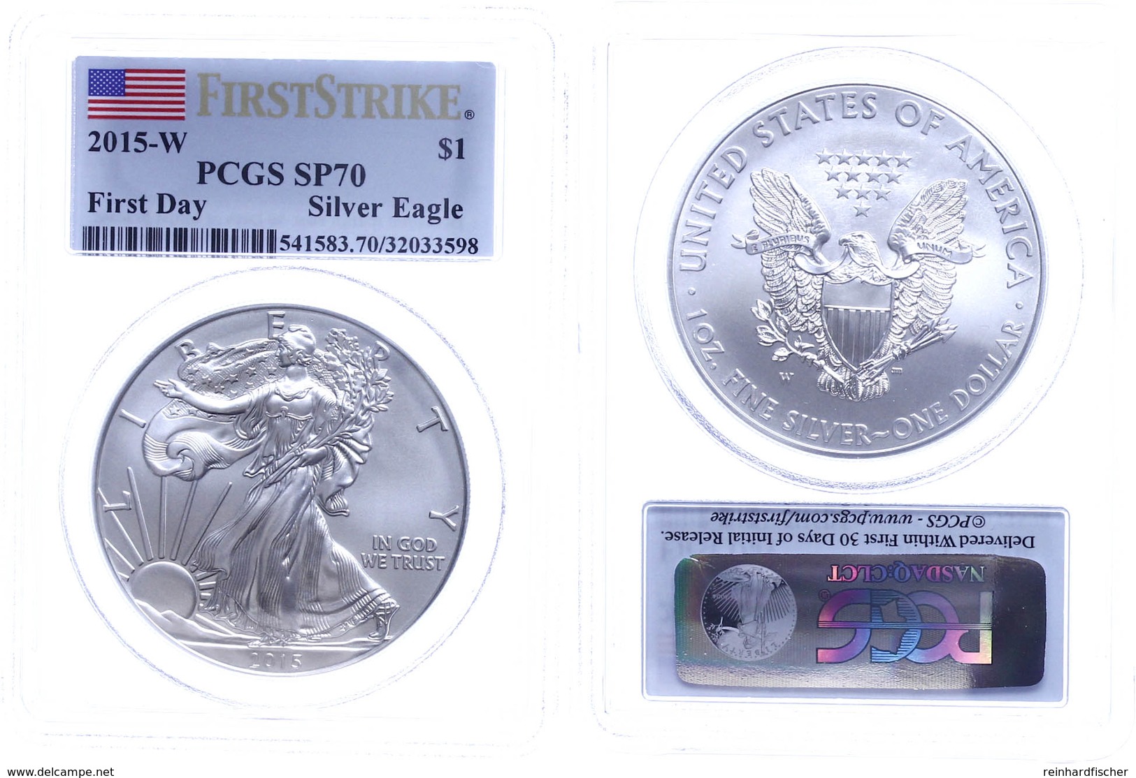 1 Dollar, 2015, W, Silver Eagle, In Slab Der PCGS Mit Der Bewertung SP70, First Strike, First Day, Flag Label. - Andere & Zonder Classificatie