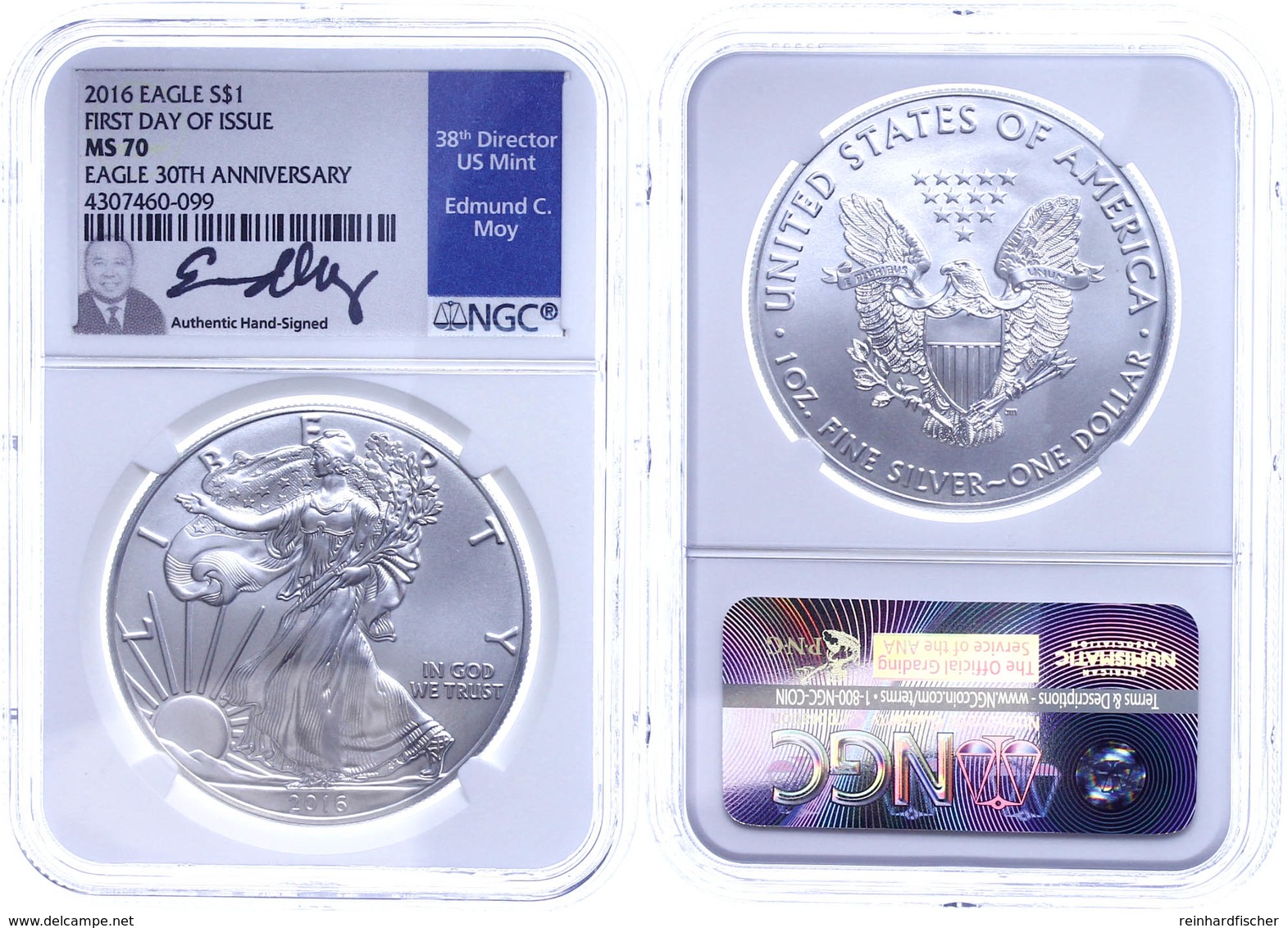 1 Dollar, 2016, Silver Eagle, In Slab Der NGC Mit Der Bewertung MS70, First Day Of Issue, Edmund C. Moy Label. - Andere & Zonder Classificatie