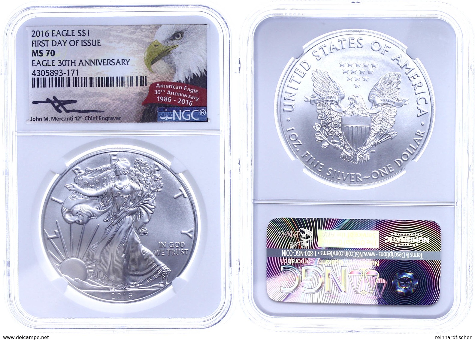 1 Dollar, 2016, Silver Eagle, In Slab Der NGC Mit Der Bewertung MS70, First Day Of Issue, Mercanti-Eagle Label. - Andere & Zonder Classificatie