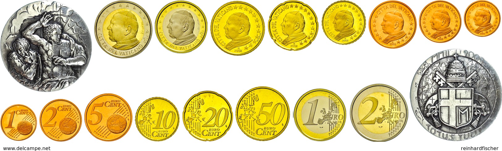 1 Cent Bis 2 Euro, 2002, Euro-KMS, Johannes Paul II., KMS Mit Silbermedaille, Mit Zertifikat (beschriftet) In Ausgabesch - Vatikan