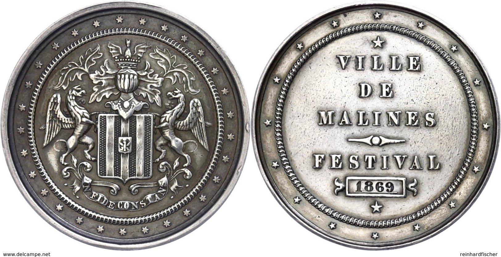 Frankreich, Malines, Silbermedaille (Dm. Ca. 46mm, Ca. 29,05g), 1869, Unsigniert. Av: 6 Zeilen Schrift. Rev: Wappen. Kl. - Other & Unclassified