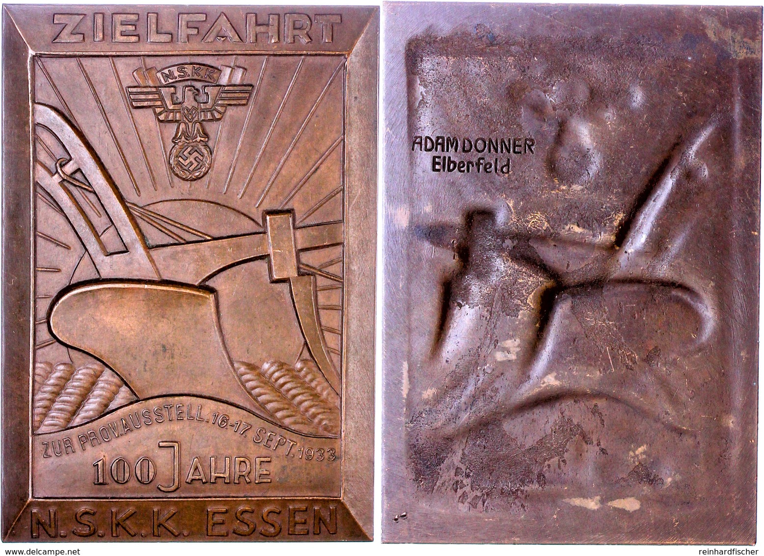 Rechteckige Bronzeplakette (ca. 100,10 X 70,00mm, Ca. 152,39g), Von A. Donner. Av: Pflug, Im Hintergrund Strahlende Sonn - Andere & Zonder Classificatie