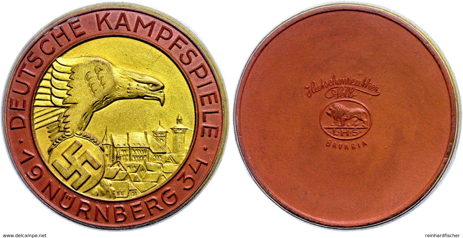 Teilvergoldete Porzellanmedaille (Dm. Ca. 52mm, Ca. 26,46g), 1934, Aus Die Deutschen Kampfspiele In Nürnberg. Av: Adler  - Andere & Zonder Classificatie