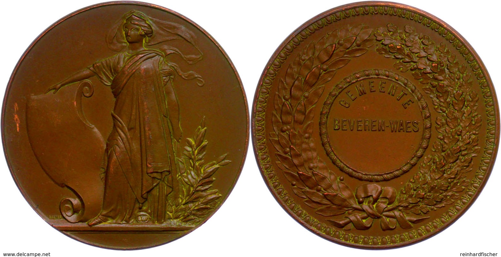 Belgien, Bronzemedaille (Dm Ca. 46mm, 51,10g), O. J. (n. 1900), Von Baetes. Gemeinde Beveren-Waes, Av. Stehende Frontal  - Andere & Zonder Classificatie