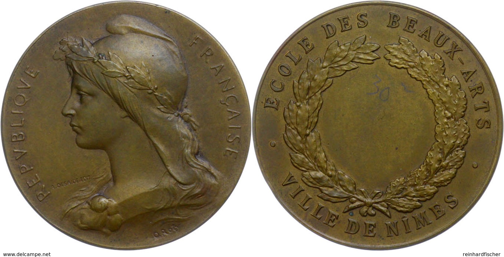 Frankreich, Nimes, Bronzemedaille (Dm. Ca. 42mm, Ca. 31,05g), O.J., Von O. Roty. Av: Büste Der Marianne Nach Links, Daru - Andere & Zonder Classificatie