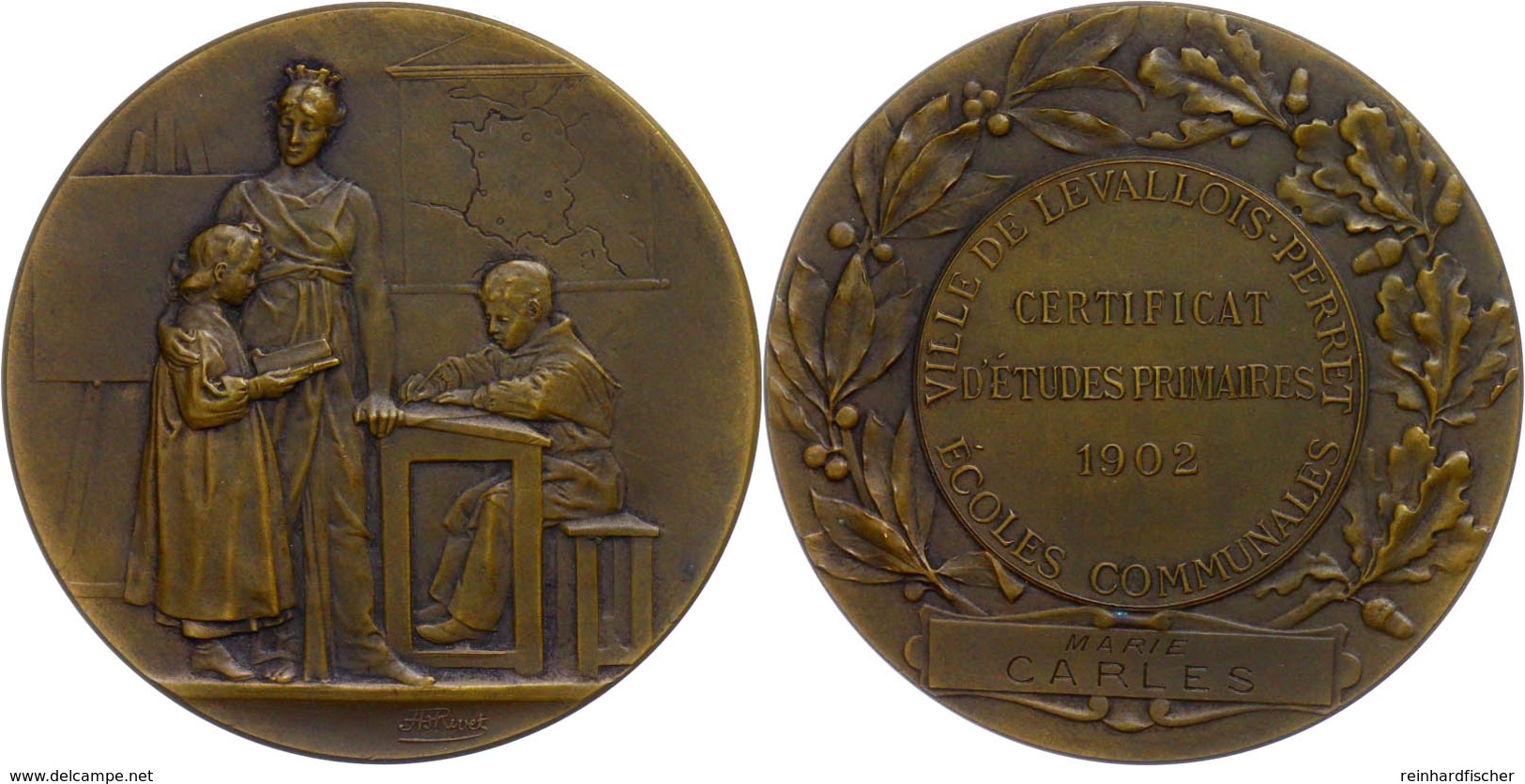 Frankreich, Bronzemedaille (Dm. Ca. 50mm, Ca. 57,80g), 1902, Von A. Rivet. Av: Weibliche Gestalt Mit Mauerkrone Zwischen - Andere & Zonder Classificatie