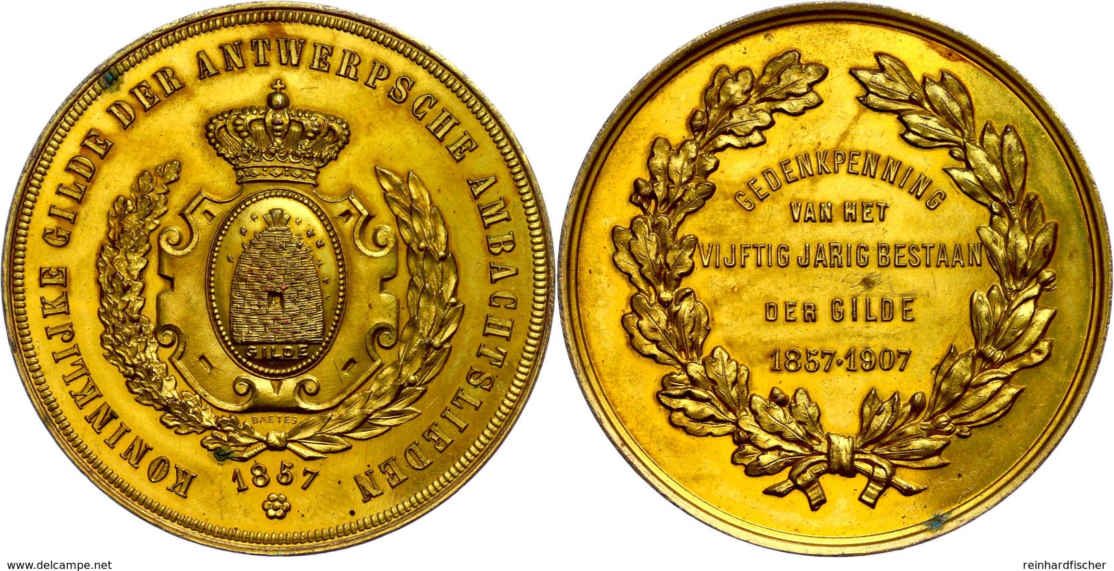 Belgien, Bronzemedaille Vergoldet (51mm, 68,15g), 1907, Von Baetes. Zum 50 Jährigen Bestehen Der Antwerpische Handwerker - Andere & Zonder Classificatie