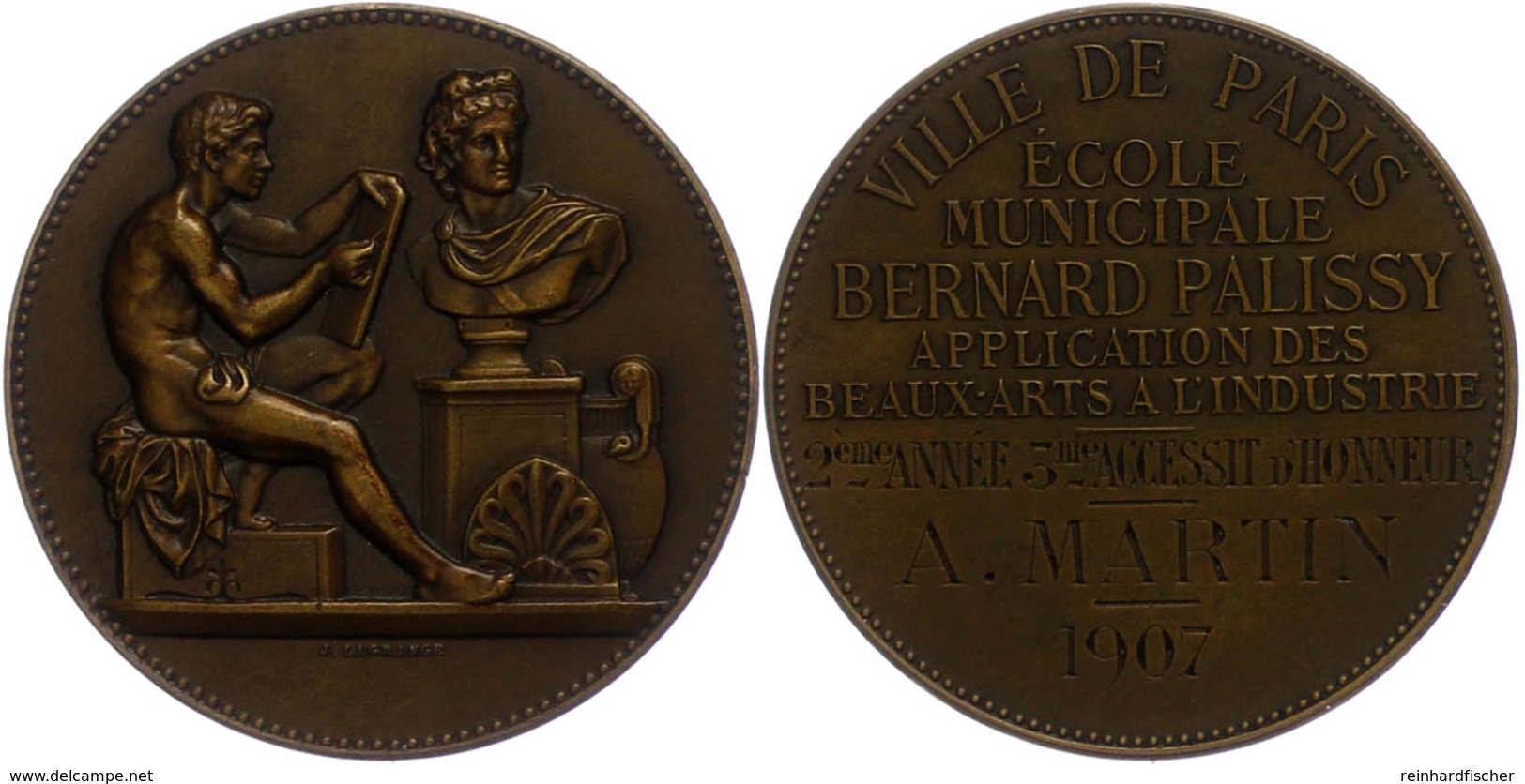 Frankreich, Bronzemedaille (Dm. Ca. 41,50mm, Ca. 43,44g), 1907, Von J. Langrange. Av: Sitzende, Zeichnende Männliche Ges - Andere & Zonder Classificatie