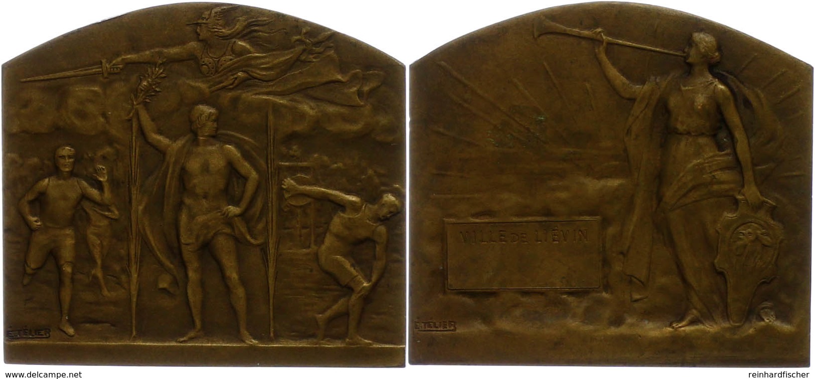 Frankreich, Rechteckige Bronzeplakette (ca. 50,50x45,80mm, Ca. 58,24g), O.J., Von E. Télier. Av: Stehender Athlet Mit Zw - Andere & Zonder Classificatie