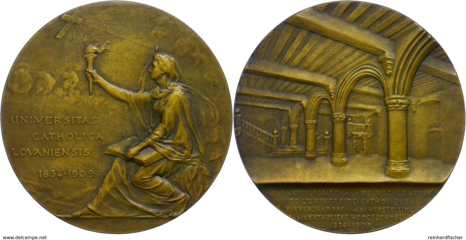 Belgien, Bronzemedaille (Dm. Ca. 60mm, Ca. 92,23g), 1909, Von F. Vermeylen. Av: Sitzende Gestalt Mit Fackel Nach Links,  - Andere & Zonder Classificatie