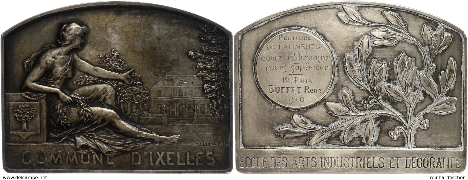 Belgien, Versilberte Bronzeplakette (ca. 70x52mm, Ca. 71,66g), 1910, Von A. Hebbelinck, Commune D'Ixelles. Av: Sitzende  - Andere & Zonder Classificatie