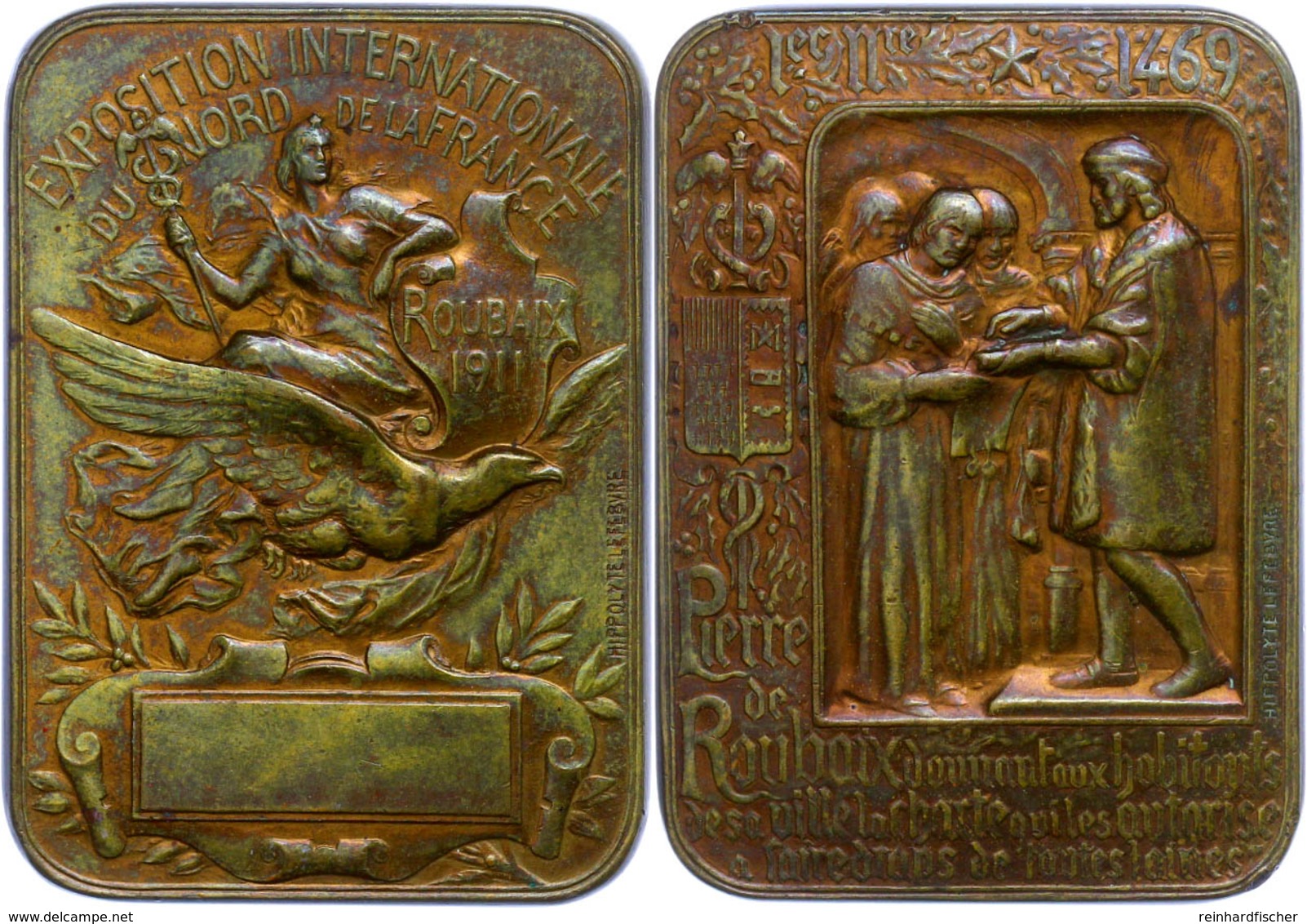 Frankreich, Bronzeplakette (ca. 54x39mm, Ca. 49,94g), 1911, Von Hippolyte, Zur Internationalen Ausstellung In Roubaix. A - Andere & Zonder Classificatie