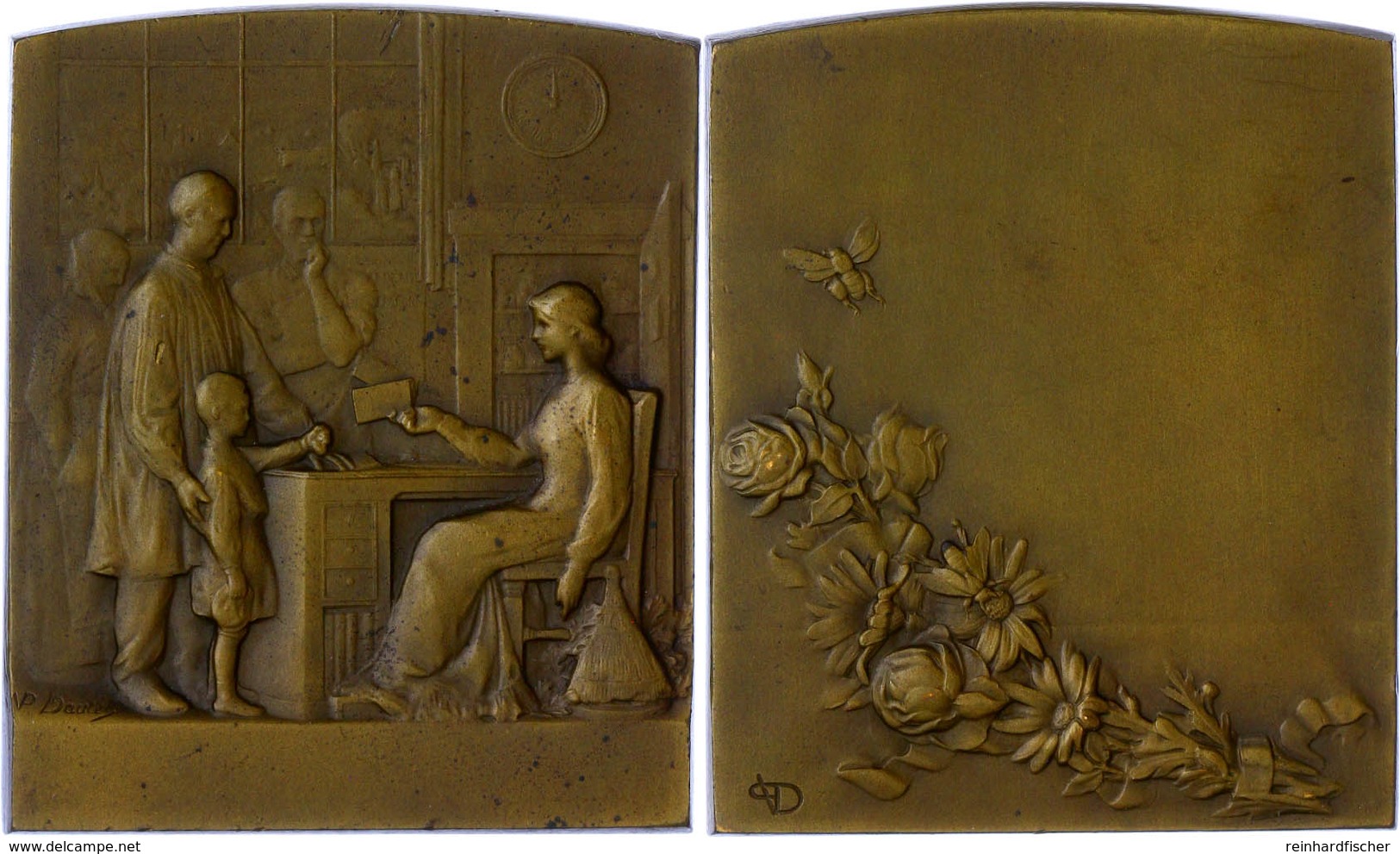 Bronzeplakette (ca. 62,10x51,60mm, 85,79g), O.J., Von Dautel. Av: Sitzende Weibliche Gestalt Am Schreibtisch übergibt Um - Andere & Zonder Classificatie