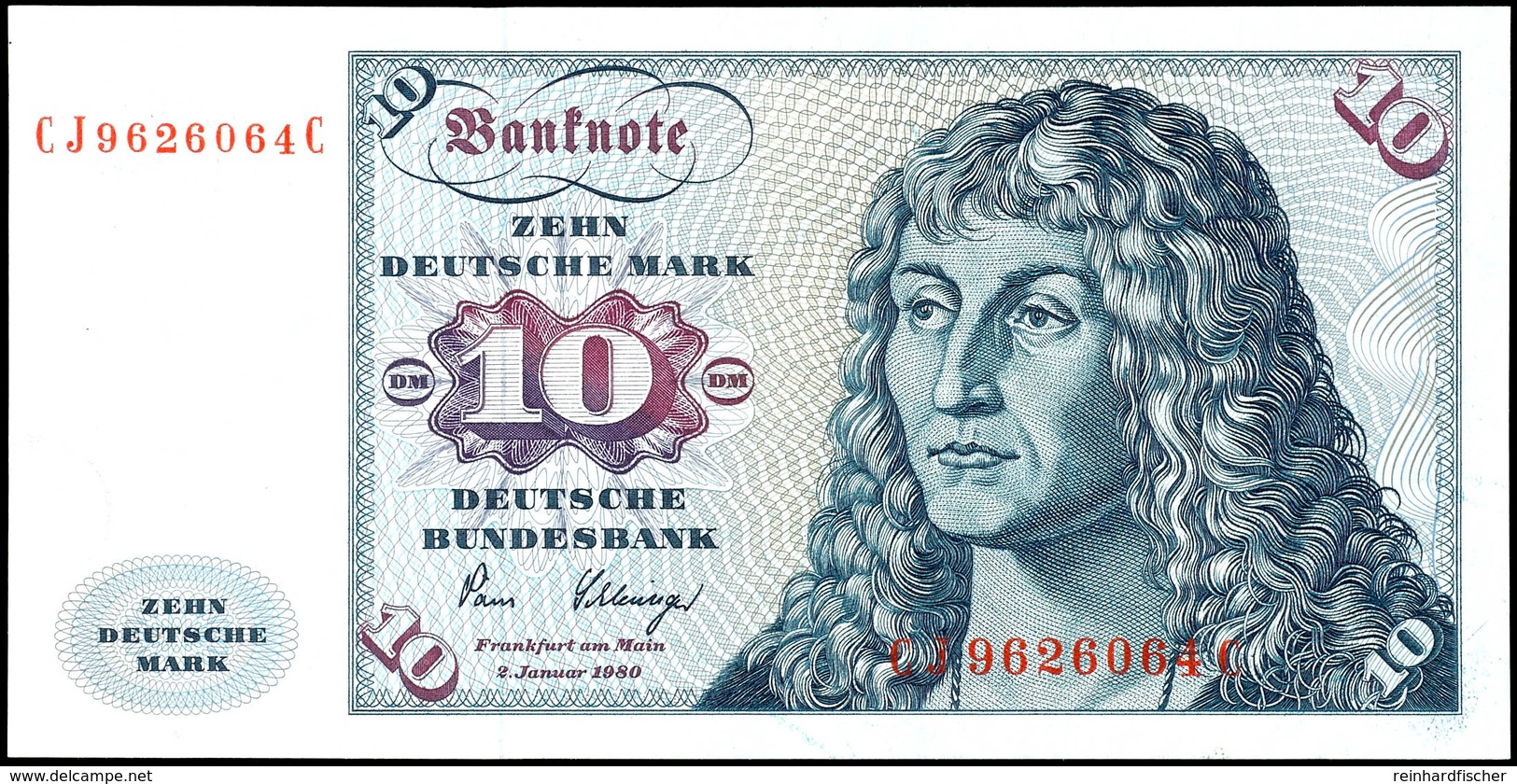 10 Deutsche Mark, Bundesbanknote, 2.1.1980, Serie CJ 9626064 C, Ro. 281, Bug Links, Erhaltung I-II., Katalog: Ro. 281 I- - Andere & Zonder Classificatie