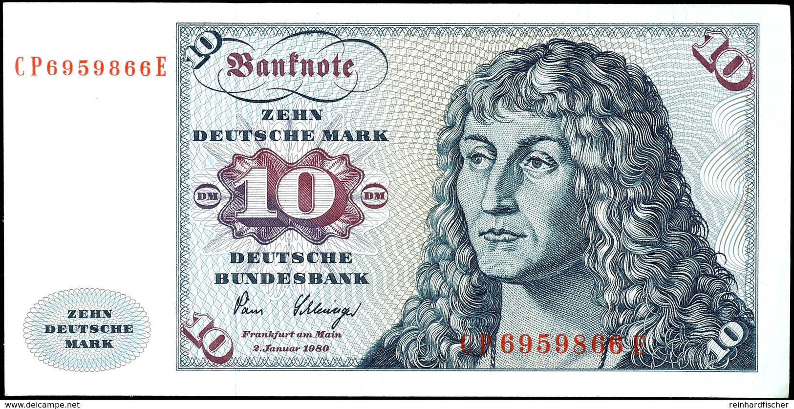 10 Deutsche Mark, Bundesbanknote, 2.1.1980, Serie CP 6959866 E, Ro. 286, Erhaltung II., Katalog: Ro. 286 II - Sonstige & Ohne Zuordnung