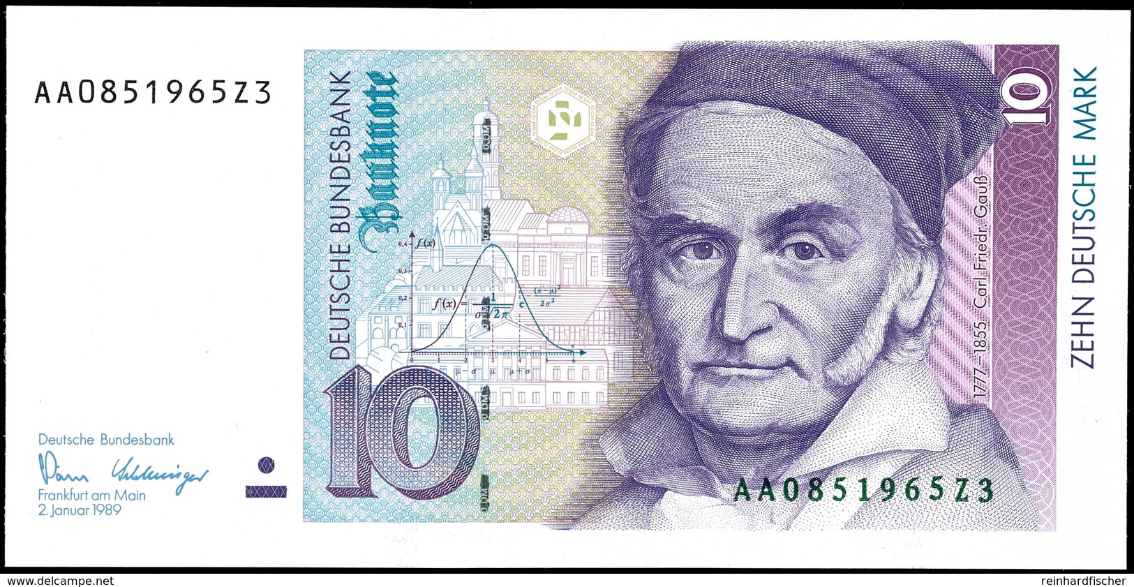 10 Deutsche Mark, Bundesbanknote, 2.1.1989, Serie AA 0851965Z3, Ro. 292, Minimaler Bug Mitte Unten, Sonst Erhaltung I.,  - Andere & Zonder Classificatie