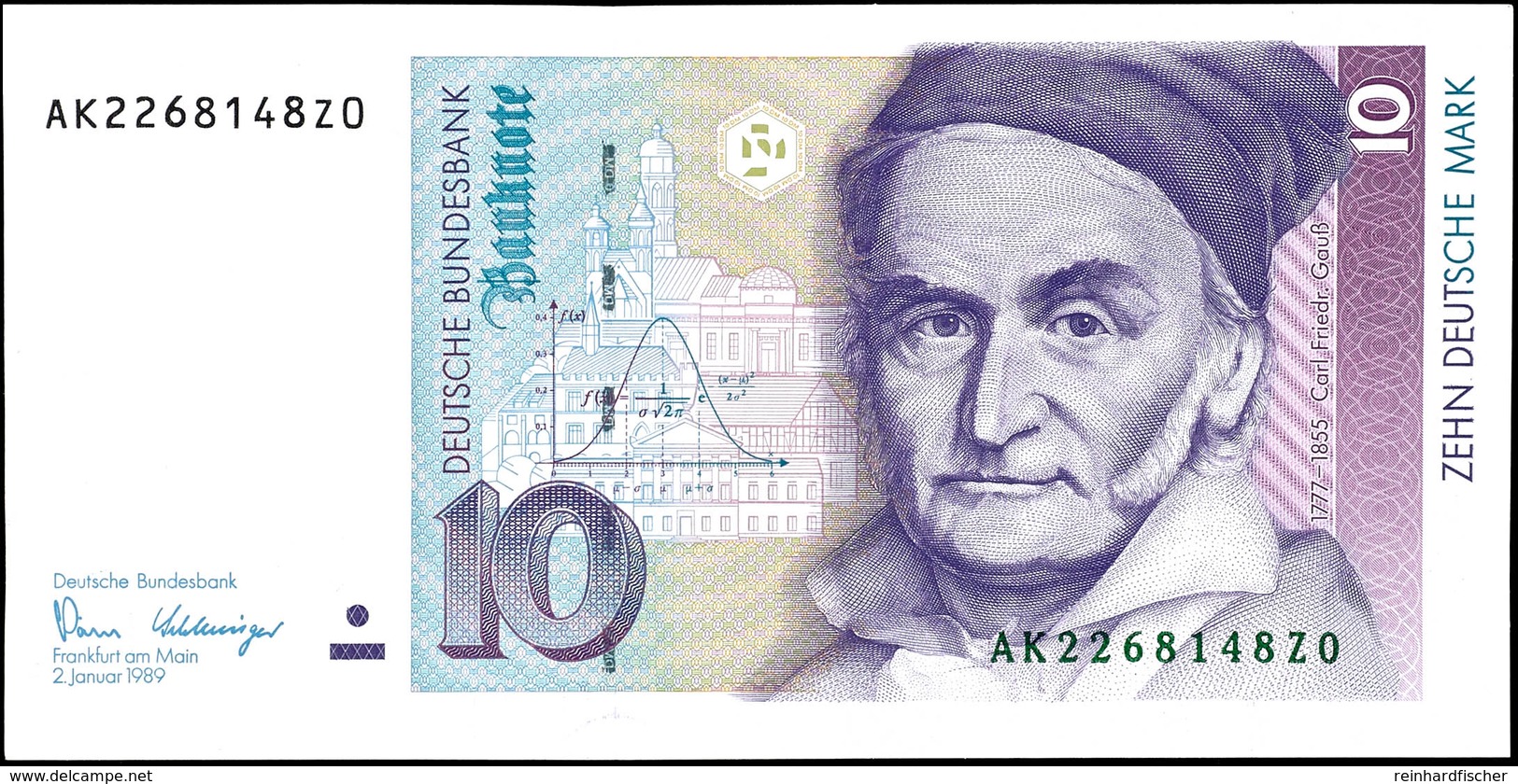 10 Deutsche Mark, Bundesbanknote, 2.1.1989, Serie AK 2268148Z0, Ro. 292, Kleiner Bug Mitte Unten, Sonst Erhaltung I., Ka - Sonstige & Ohne Zuordnung