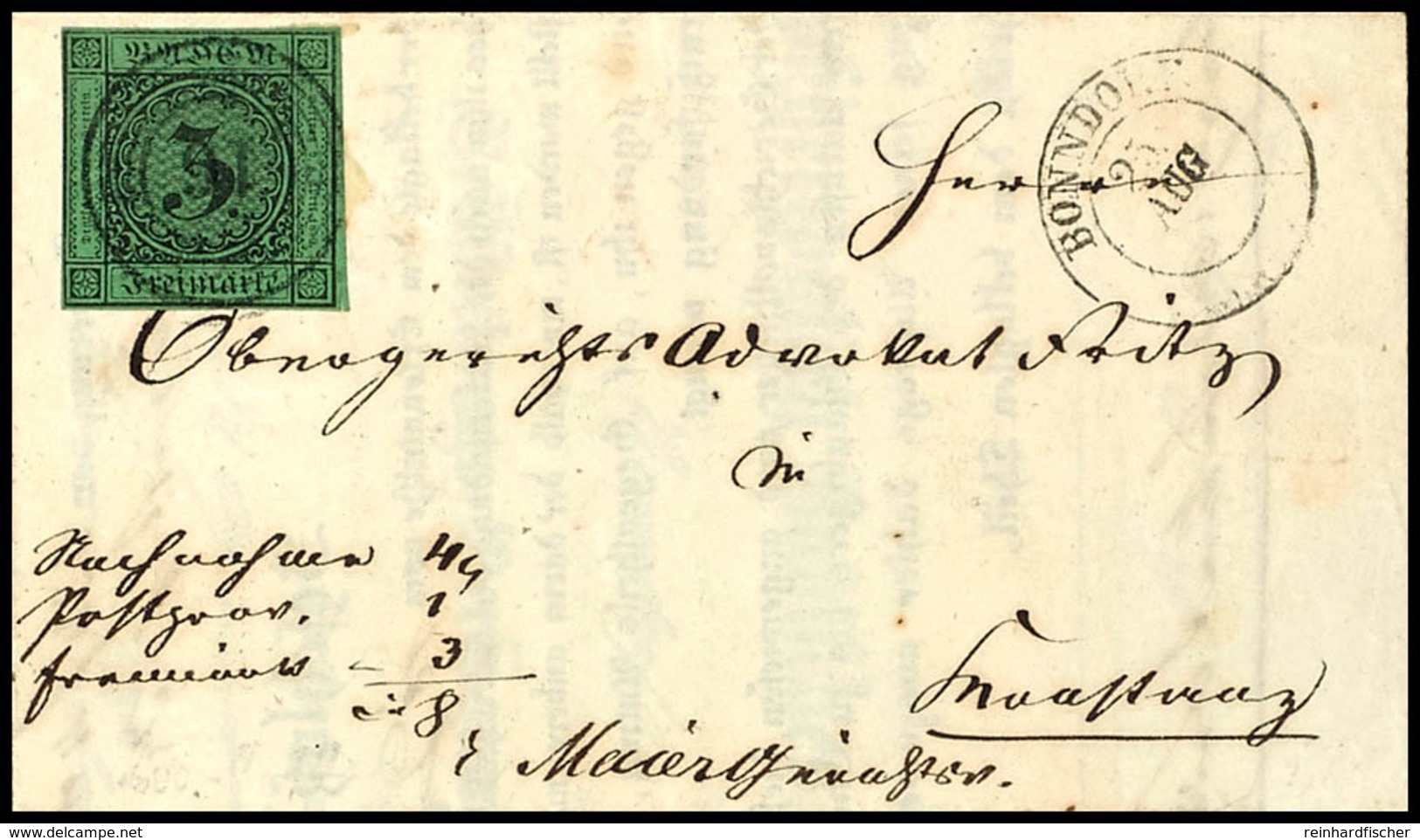 3 Kr. Schwarz Auf Grün Auf Brief Von Fünfringstempel "16" Und Nebengesetztem K2 "BONNDORF 25 AUG." (1856) Nach Konstanz  - Other & Unclassified