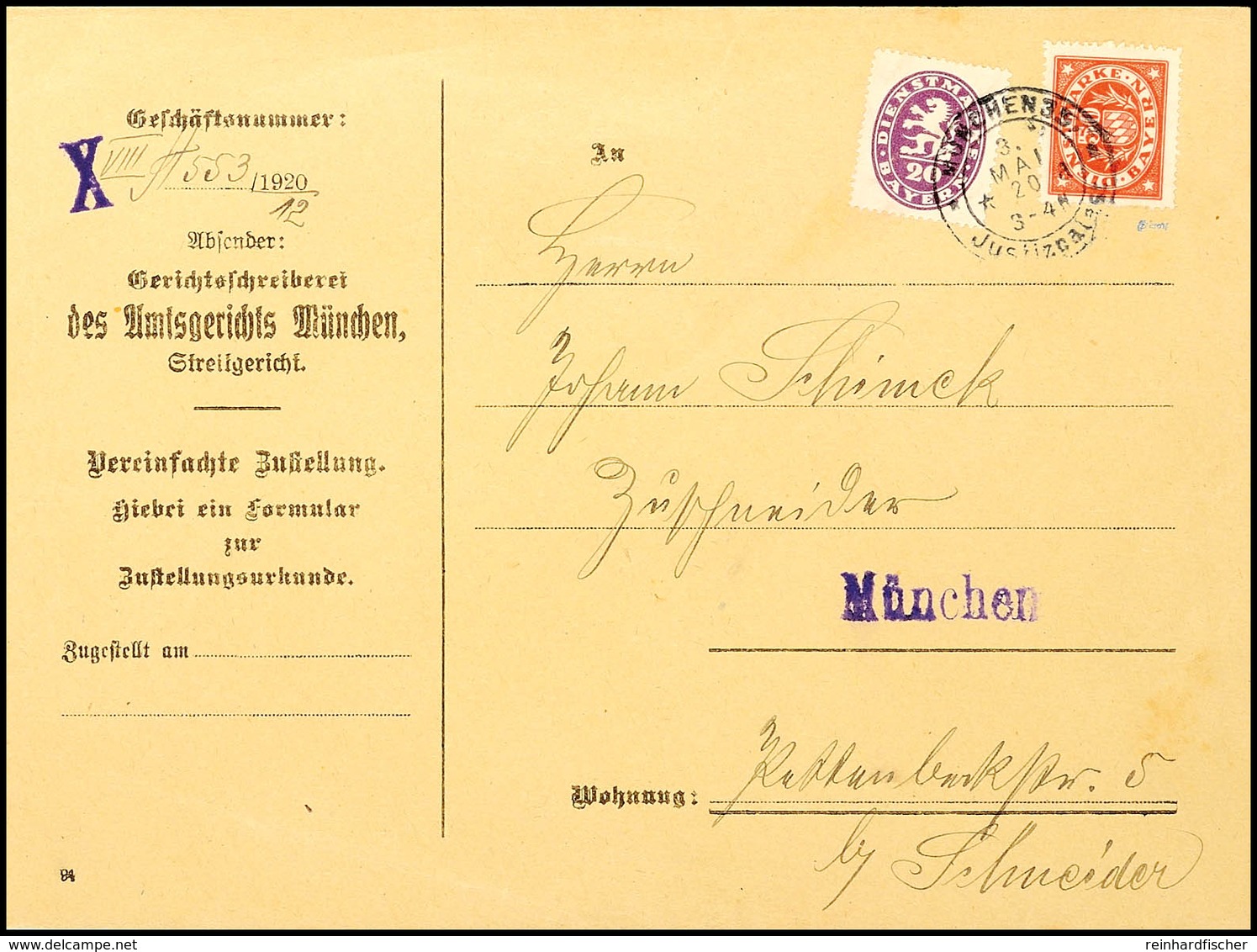 20 Pfg Und 50 Pfg Dienstmarken Auf Dienstortsbrief "MÜNCHEN 3.5.20" Mit  Zustellurkunde, Seltene Frankatur, Fotoattest D - Andere & Zonder Classificatie