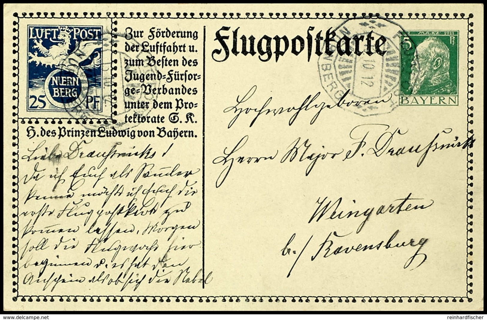 1912, 25 Pfg + 5 Pfg Flugpostkarte "NUERNBERG" Mit Flugpoststempel "NÜRNBERG FLUGPOST 16.10.12" Und Viel Text Nach Weing - Andere & Zonder Classificatie