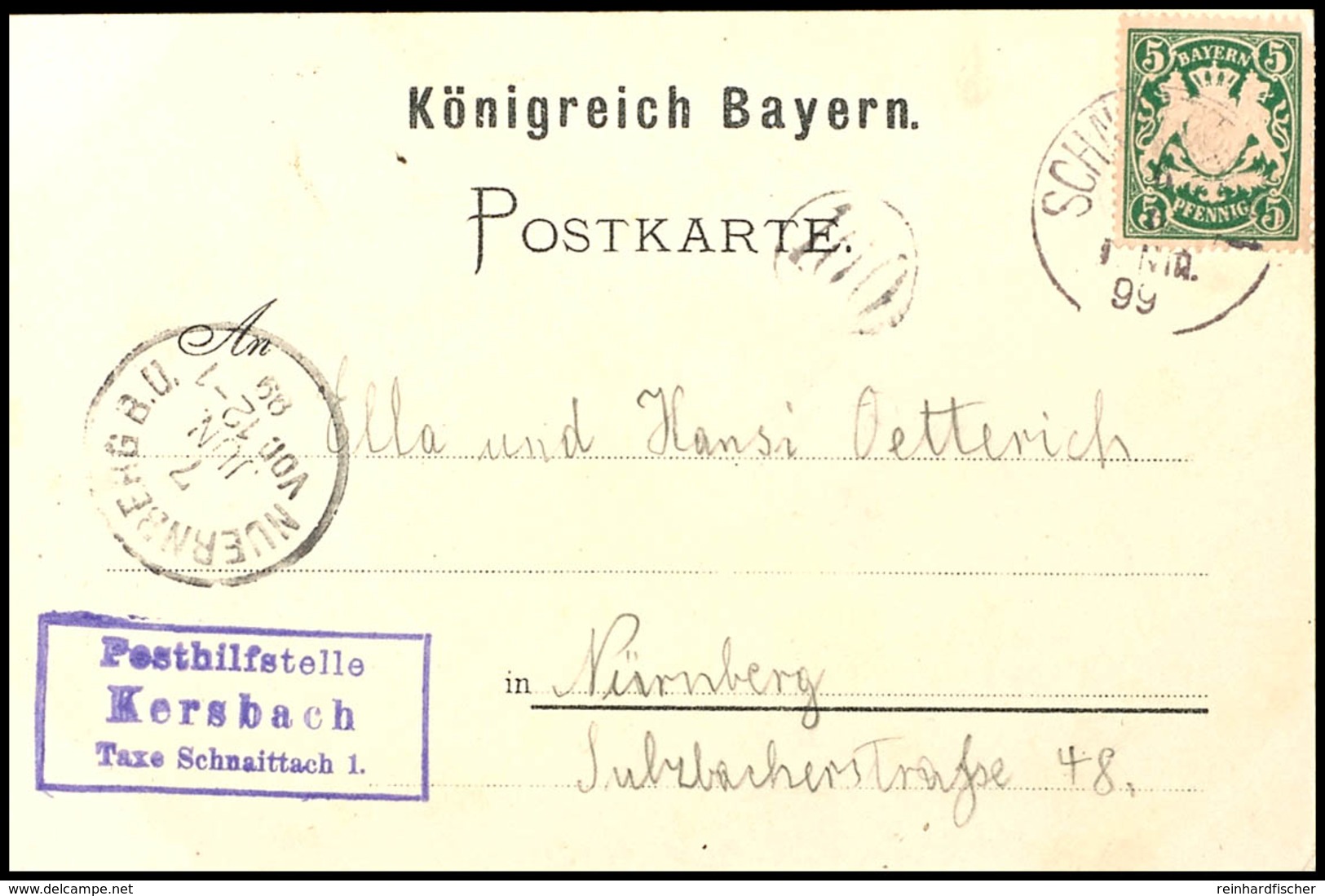 Posthilfsstelle Kersbach, Taxe Schnaittach1, Glasklarer Blauer Stempel Auf Farblitho-AK Von Kersbach 1899 Nach Nürnberg, - Andere & Zonder Classificatie