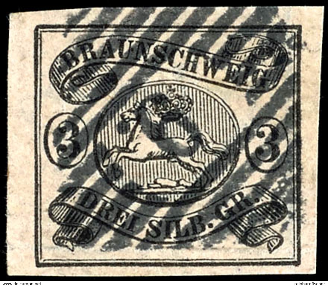 3 Sgr., Alls. Voll-/breitrandiges Kabinettstück Mit Zentr. Nr.-Stpl. "9" (Braunschweig Bahnhof), Gepr. Engel PPP Mit Tie - Brunswick
