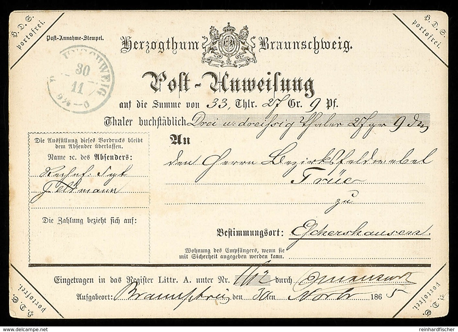 "ESCHERSHAUSEN" -L1 In Schwarz Mit Rahmenstück Oben Als Ak.-Stempel Rückseitig Auf Dienst-Postanweisung Aus "BRAUNSCHWEI - Brunswick