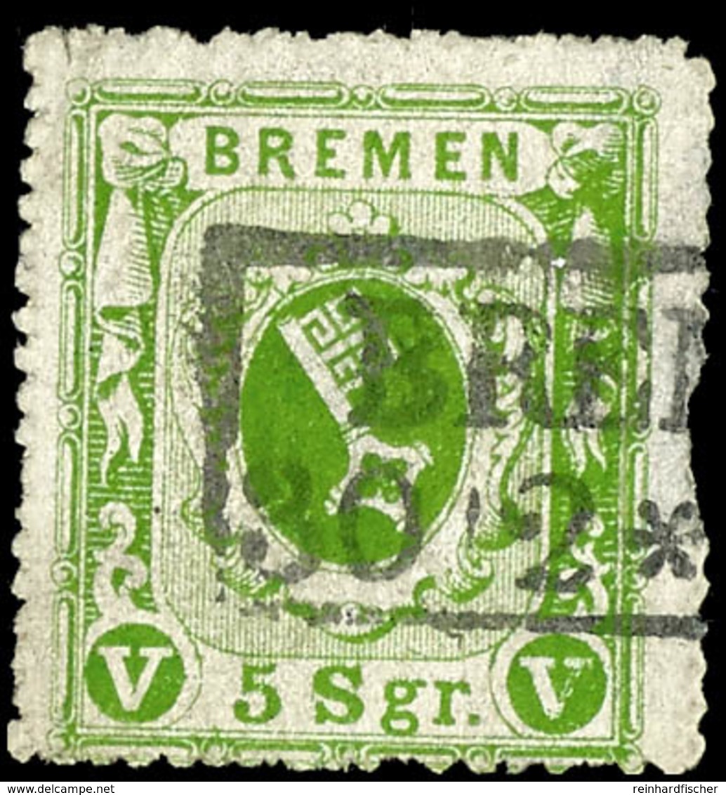 5 Sgr. Dunkelgelblichgrün, Gestreiftes Papier, Entwertet Mit Ra2 "BREMEN (KS 112), Randfehler Rechts, Mittig Hell, Fotob - Bremen