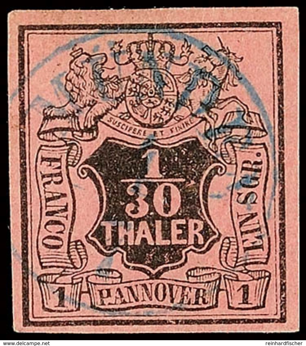 1/30 Th. A. Himbeerrot, Allseits Gut Vollrandiges Kabinettstück Mit Zentrischem Blauen K1 "MÜNDEN", Tiefst Gepr. Brettl, - Hanover