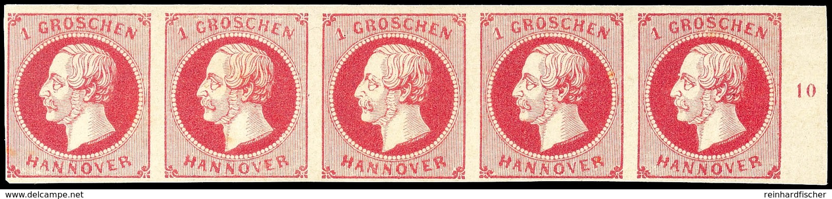 1 Gr. König Georg V., A-Farbe, Postfrischer Fünferstreifen Vom Rechten Bogenrand Mit RZ "10", Linke Marke Mit Gelblichem - Hanover