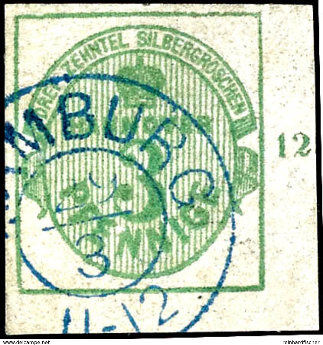 3 Pfennige Grün, überrandiges Exemplar Vom Eckrand Unten Rechts Mit Randziffer "12", Klar Gestempelt Mit Blauem Zweikrei - Hanover