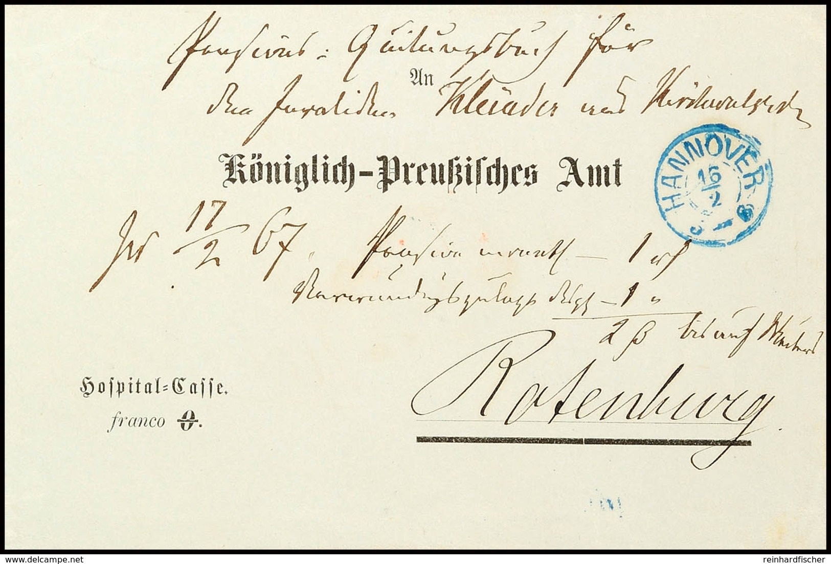 "HANNOVER 15/2 (1867)" - Blauer K2, Auf Interessantem Portofreien Brief Mit Absendervordruck "Hospital-Casse Franco 0" A - Hanover