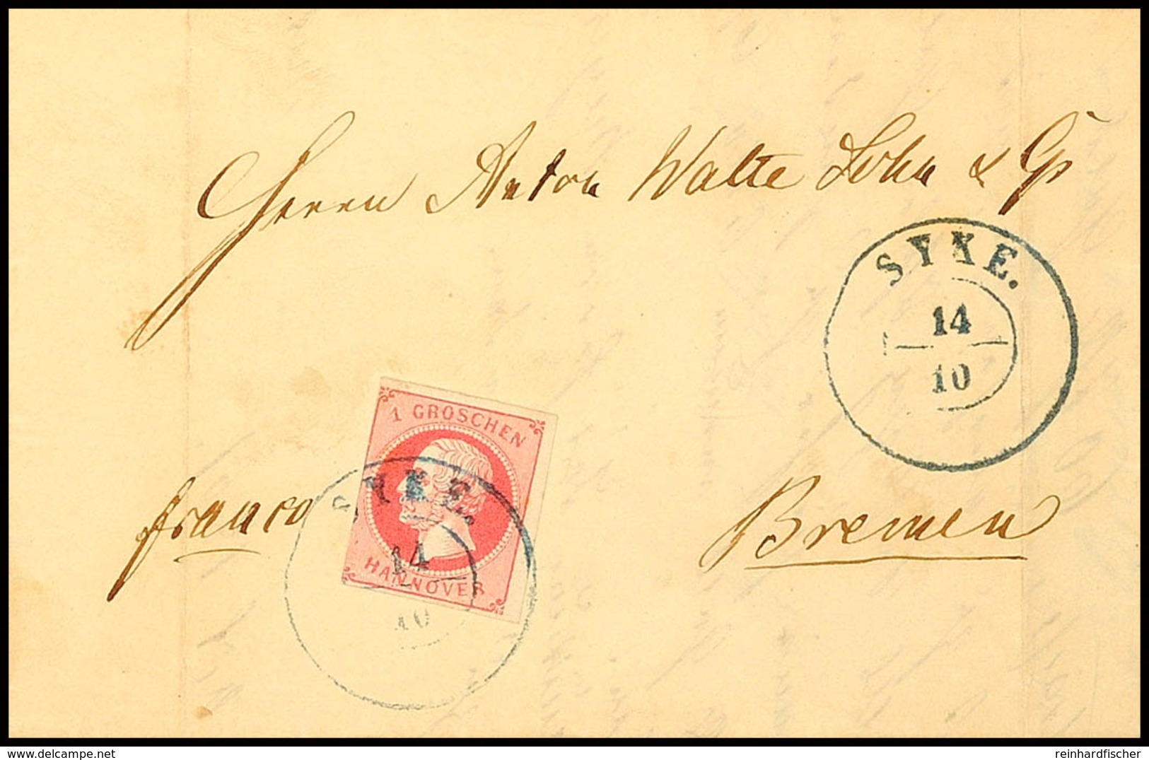 "SYKE 14/10 (1861)" - Blauer K2 Im Defekten Zustand, Zwei Klare Abschläge Auf Brief 1 Gr. Nach Bremen (Ankstpl), Marke L - Hannover