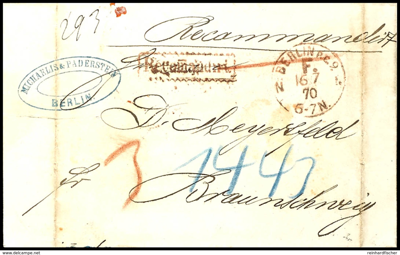 "BERLIN P.E.g.F/16.7.70" Braunroter EKr. Auf Markenlosem Recomandiert - Brief Nach Braunschweig (KBHW  - Nr. 335b)  BF - Other & Unclassified