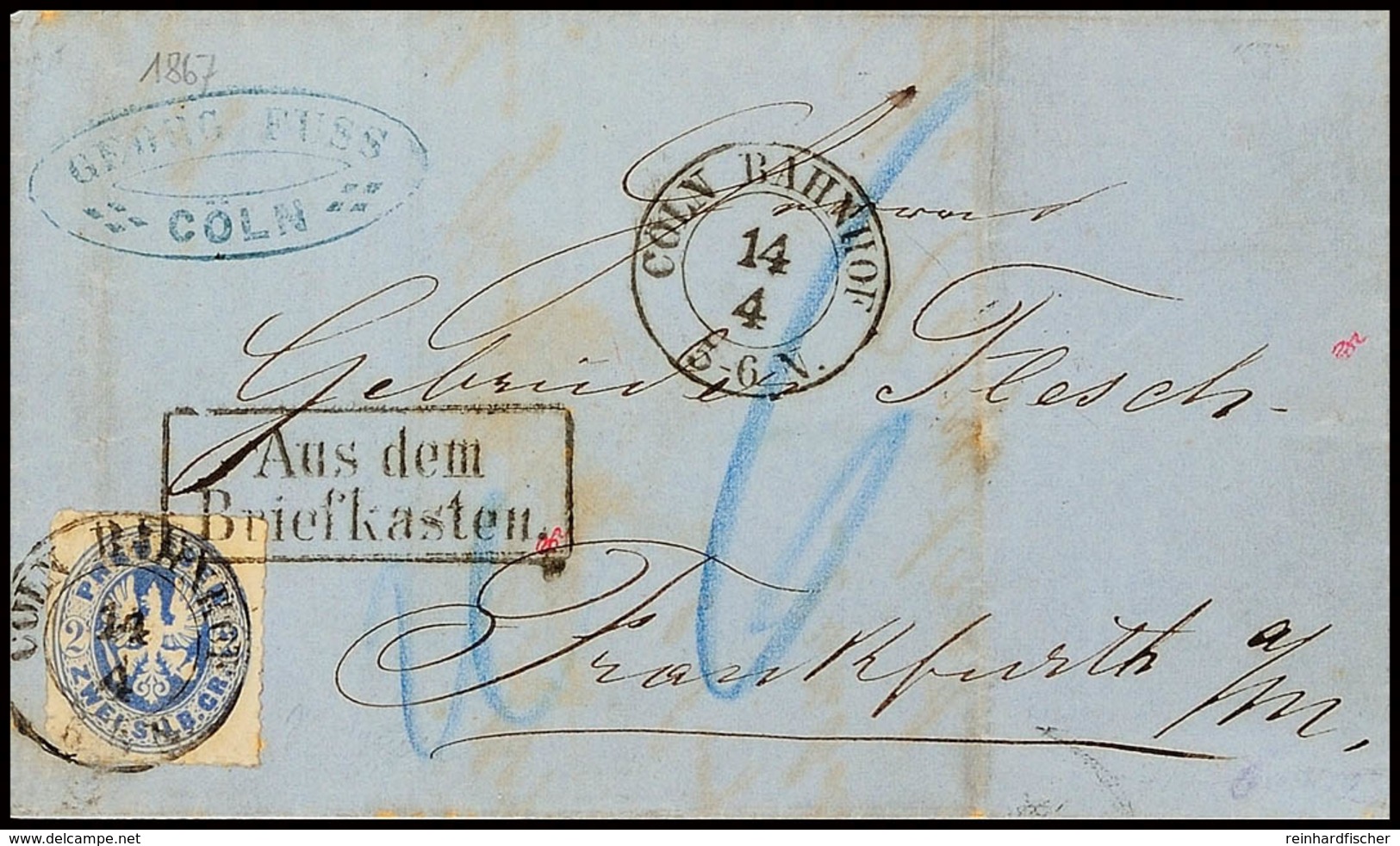 2 Sgr. Wappen, Als Einzelfrankatur Auf Unterfrankiertem Postvereinsbrief, Mit K2 "CÖLN BAHNHOF 14 4 (1867)" Nebst Auf Di - Andere & Zonder Classificatie