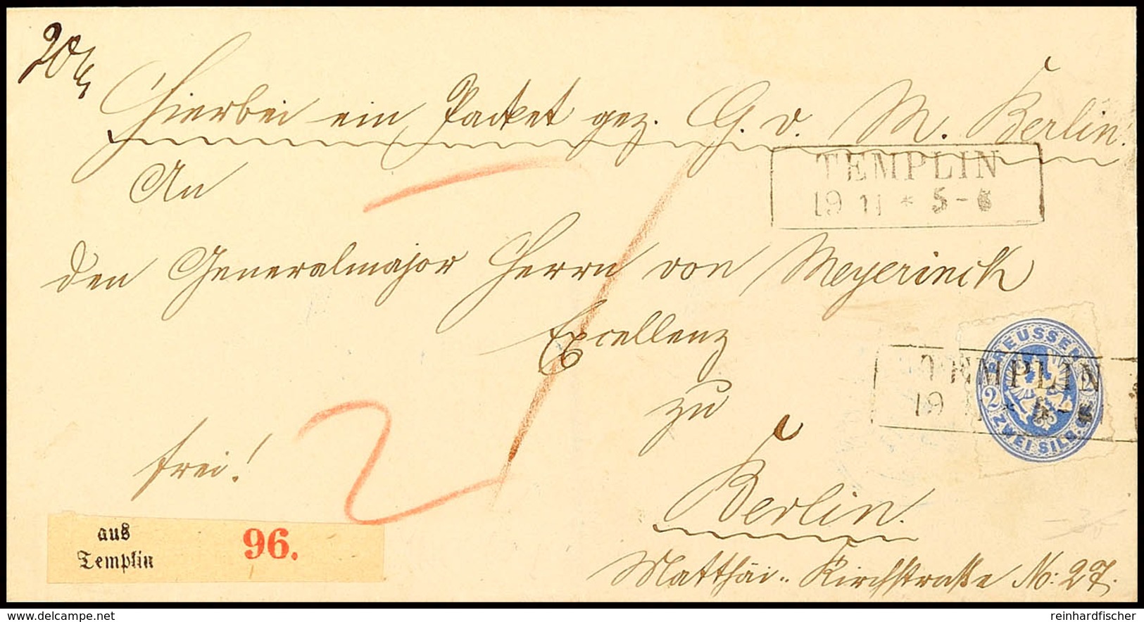 2 Sgr. Ultramarin, Guter Durchstich, Einzelfrankatur Auf Paketbegleitbrief Von "TEMPLIN 19 11" Nach Berlin, Rückseitig L - Andere & Zonder Classificatie